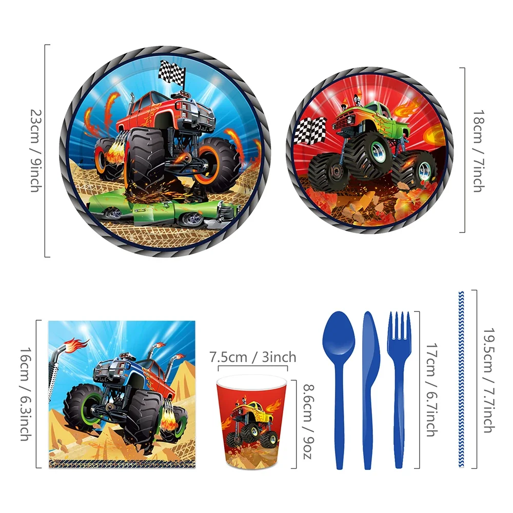 Boy Cartoon Racing Monster Truck Game Birthday Party Disposable Tableware Sets Banner Tablecovers Baby Shower Party Decorations