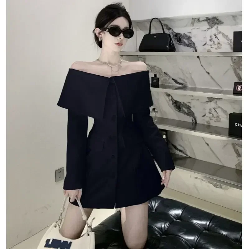 Gagaok Slash Neck abiti donna primavera autunno New Solid Mini A Line Office Lady Dress Simple French Vintage Chic Vestidos