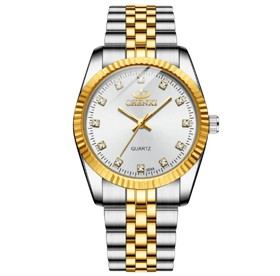 Reloj de pulsera de cuarzo dorado para hombre y mujer, cronógrafo de pulsera de acero inoxidable para pareja, Día de San Valentín