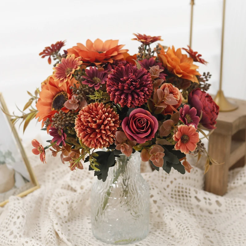 الخريف الورود الحرير الكوبية الإقحوانات الزهور الاصطناعية المنزل الجدول باقة الديكور الزفاف الزفاف عيد الميلاد ورد صناعي ديكور