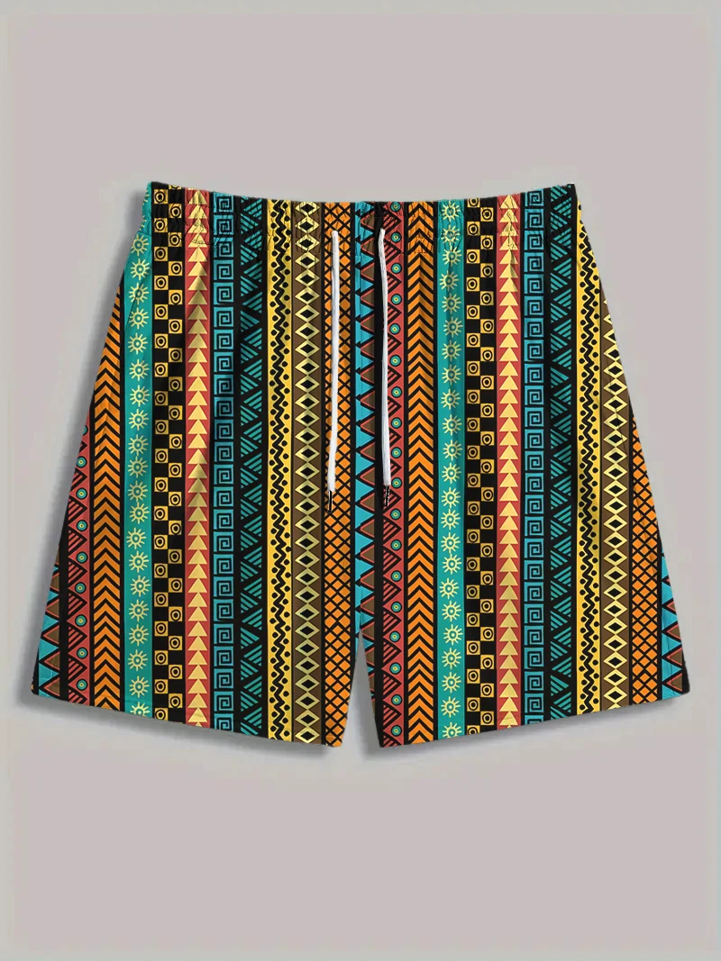 

Men's striped beach shorts geometric print straight pants Hawaiian casual outdoor holiday beach streetwear