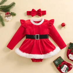 Baby Girls Christmas Romper Dress Long Sleeve O Neck Santa Claus Romper with Headband