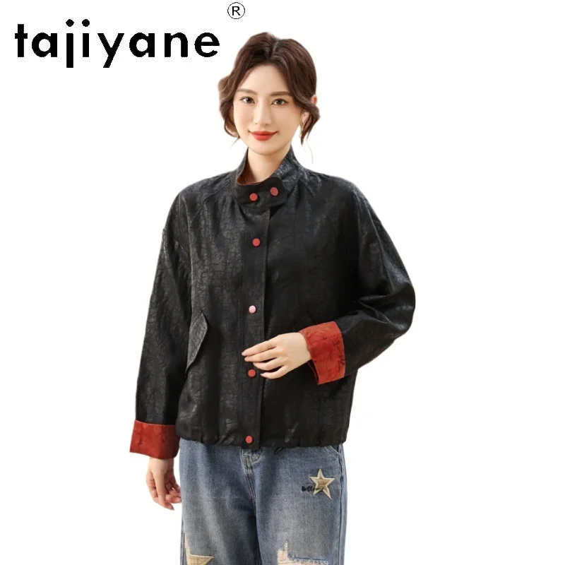 

TAJIYANE 100% шелковая блузка из тутового шелкопряда для женщин, рубашка с воротником-стойкой Xiangyun Sha, весенние топы в стиле колор-блок, женская одежда 2026