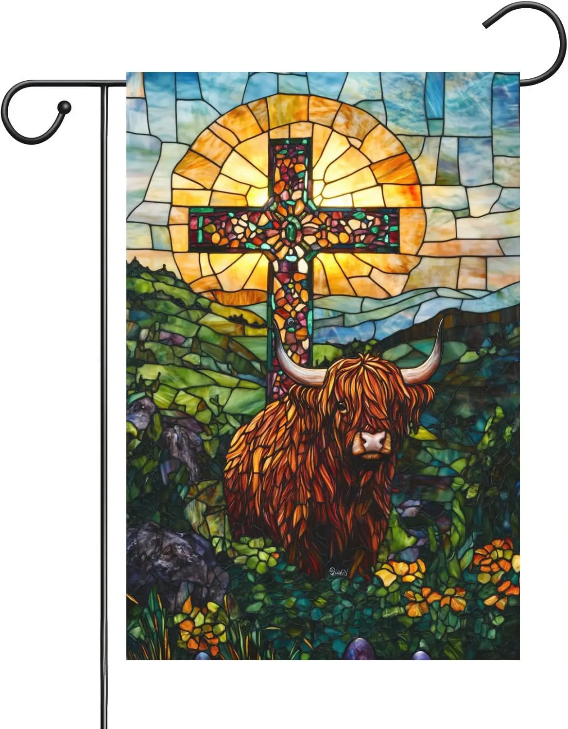Funny Highland Cow Garden Flag 12x18 Inch Double Sided Easter Religious Christian Cross Garden Flag Small Burlap Banner Yard PPM