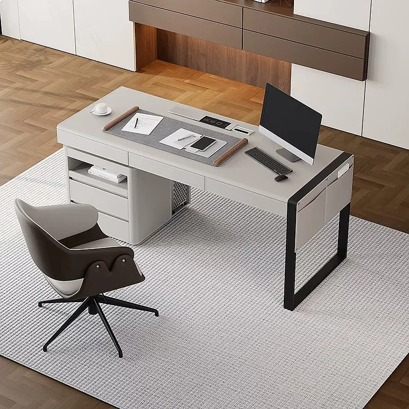 N80 Saddle Leather Computer Desk Italian Minimalist Home Office Writing Table Solid Wood Desk 2025 New