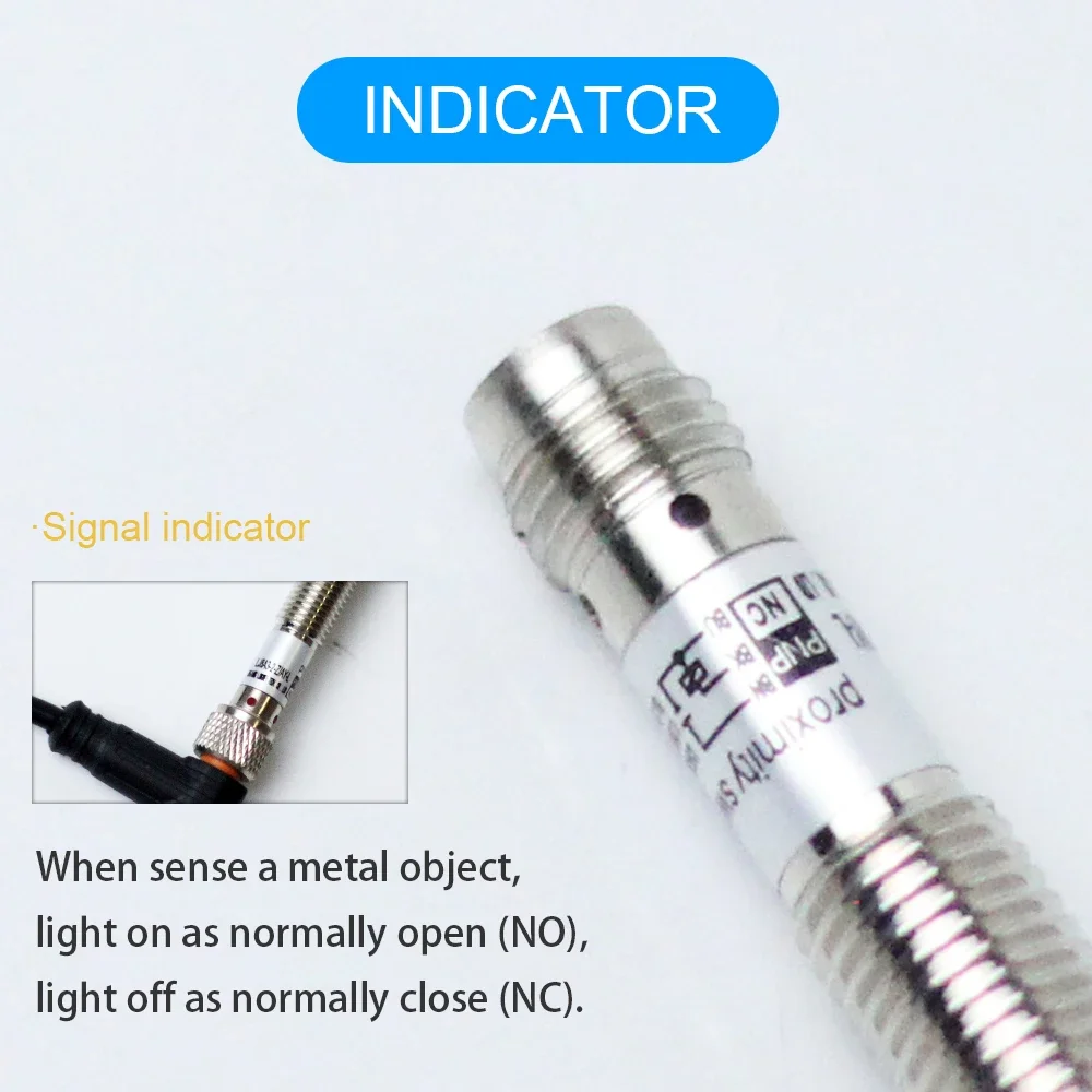 IP65 M8 Inductive Proximity Sensor Sn:1mm/2mm AC DC NPN PNP NO NC Metal Approach 3pin Connector 2meters Straight/Bend PVC Cable