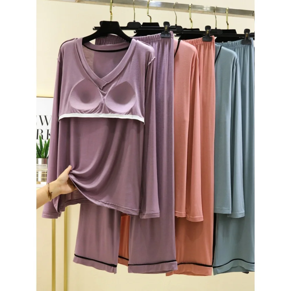 Autumn Modal Pajamas Long Sleeve Sleepwear Women Home Wear Two-piece Suit Solid Colour Top Trousers Sets Winter Pijama Feminino