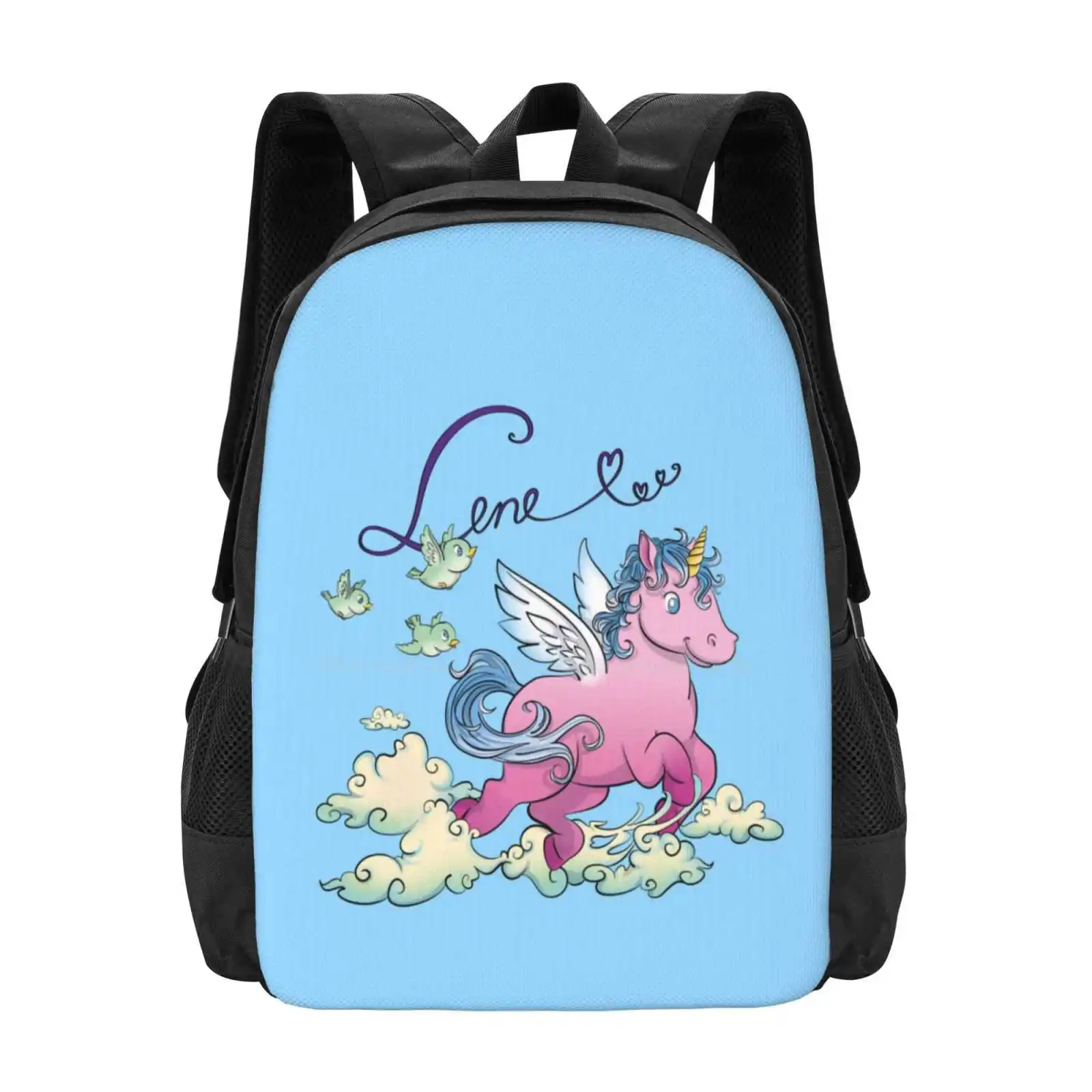 

Школьная сумка с единорогом, рюкзак большой емкости для ноутбука, единорог, розовый, синий, летающая лошадь, птицы, птицы, облака, имя Lene
