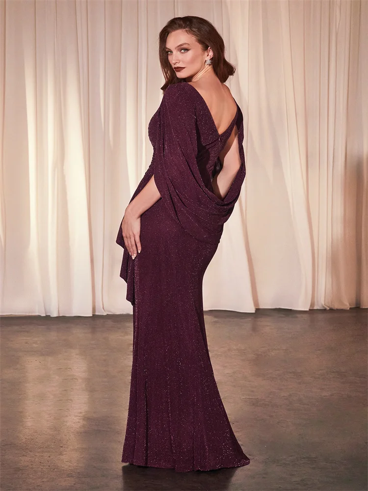 New Arrival V Neckline With Attached Cape Sleeves Straight Evening Dress Open Back Zipper Floor Length High Slit Gown For Women