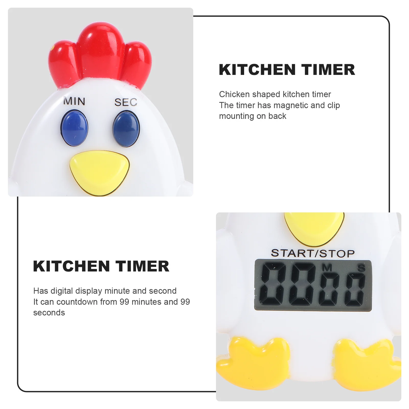 

Chicken Shape Kitchen Timer Digital Display Size 68x56x2cm 99 Minutes 99 Seconds Countdown Magnet Clip Cooking Timer Electronic