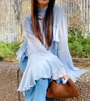 Women Blouse 2025 Spring New Blue High Neck Temperament Trumpet Sleeves Ruffled Casual Long Sleeve Women's Shirt Top