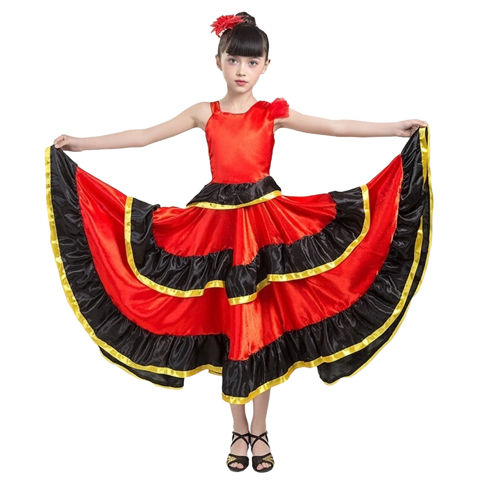 

Girls Spanish Flamenco Dance Dress Tiered Ruffles Satin Dress Asymmetrical Flamengo Gypsy Dress Dancewear Performance Costume