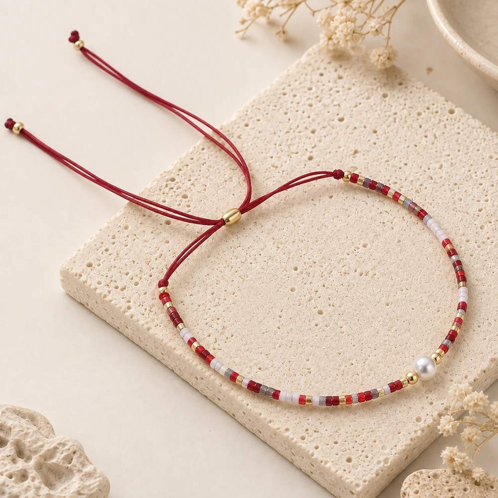 1pc Bohemian Adjustable Red Cord Bracelet with Multicolor Glass Seed Beads Round Bead Strand Stainless Steel Details Unisex