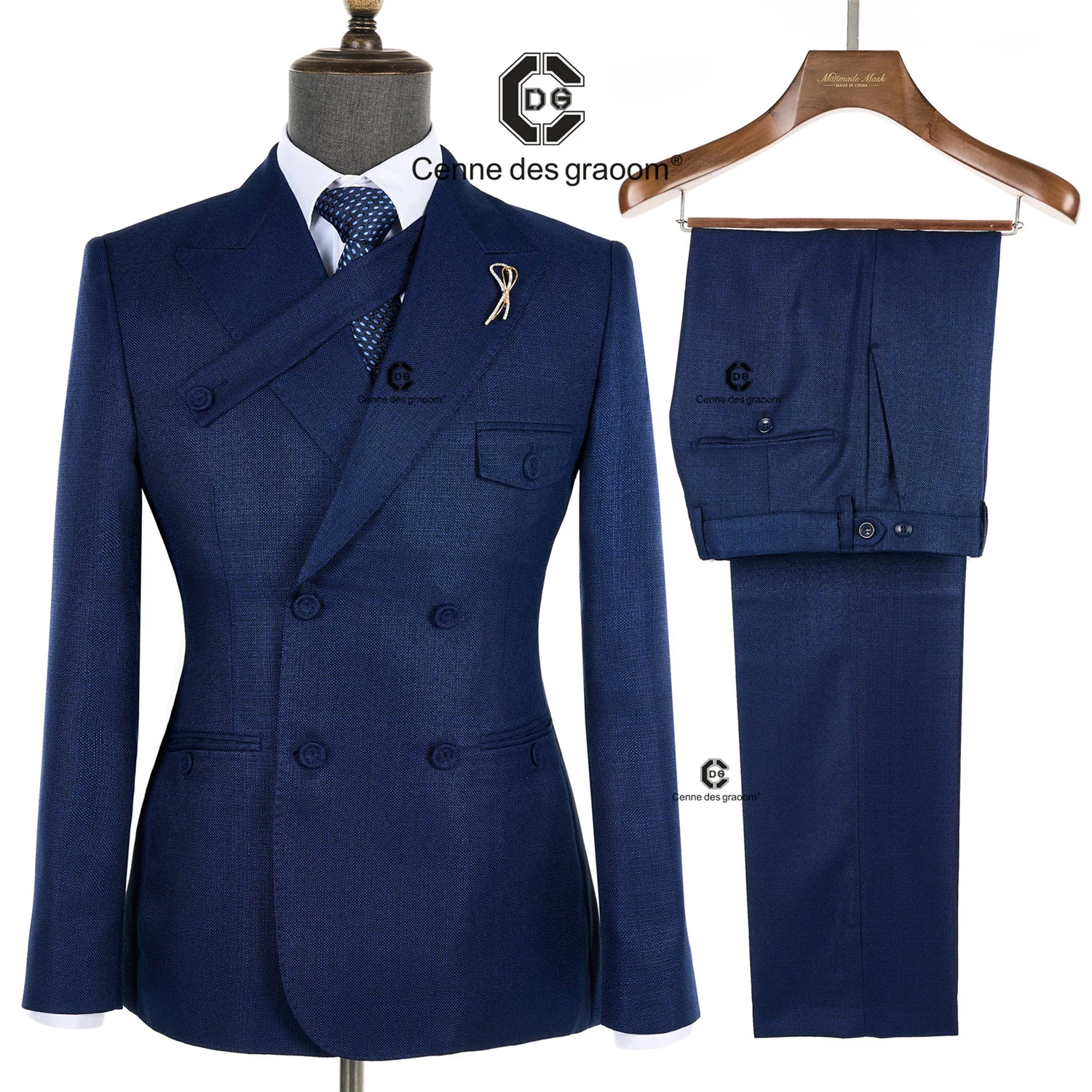 Cenne Des Graoom 2024 New Elegant Blue Man Suits Double Breasted Hand Sewn Buttons 2 Pieces Set High Quality Slim Fit Wedding