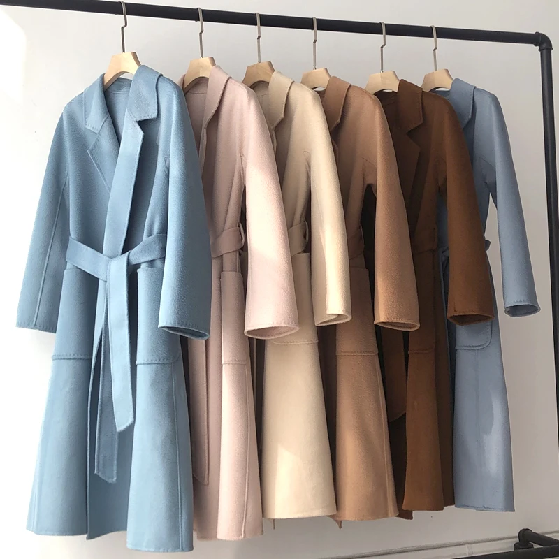 Korean Women Handmade Hepburn Corrugated Water Ripples Coat Double-sided Cashmere Wool Long Woolen Jacket Cashmere Coat Max