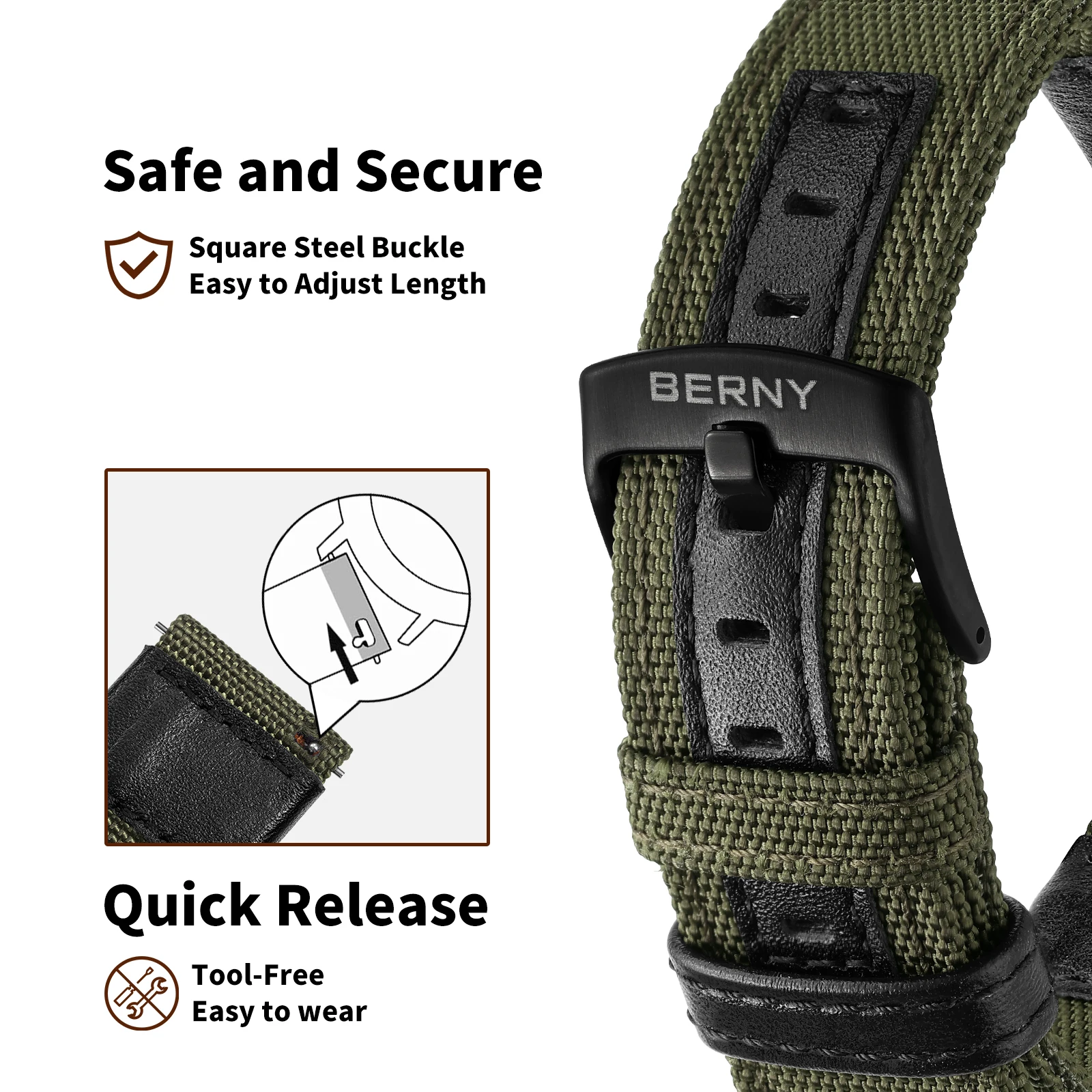 BERNY 20/22 mm Nylon-Uhrenarmband, atmungsaktiv, Sport-Uhrenarmbänder, gewebtes Nylon-Armband, Haltbarkeit, Stahlschnalle, werkzeugloses Uhrenarmband – Detail 15