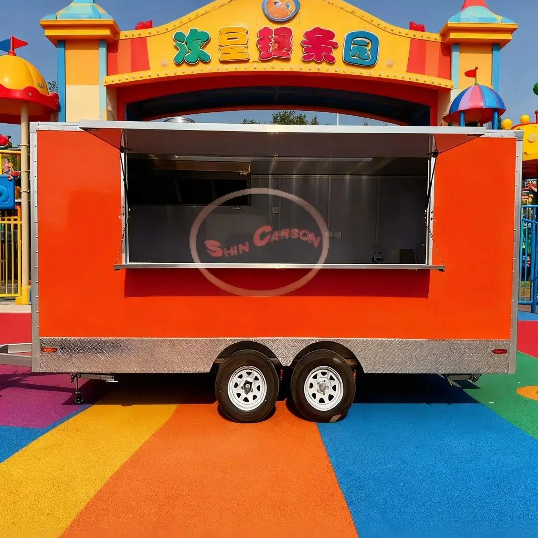 Remolque Gourmet remolcado con ventana naranja, camión de comida llamativo para exteriores, gráficos personalizados, equipo de cocina no incluido
