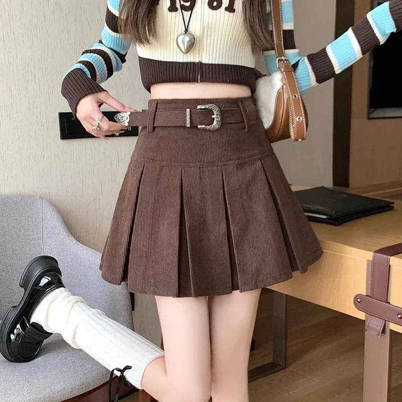 American Corduroy Pleated Skirts Female with Belt Anti-Exposure Solid Color Mini Skirts Korean Fashion High Waist Short Skirts