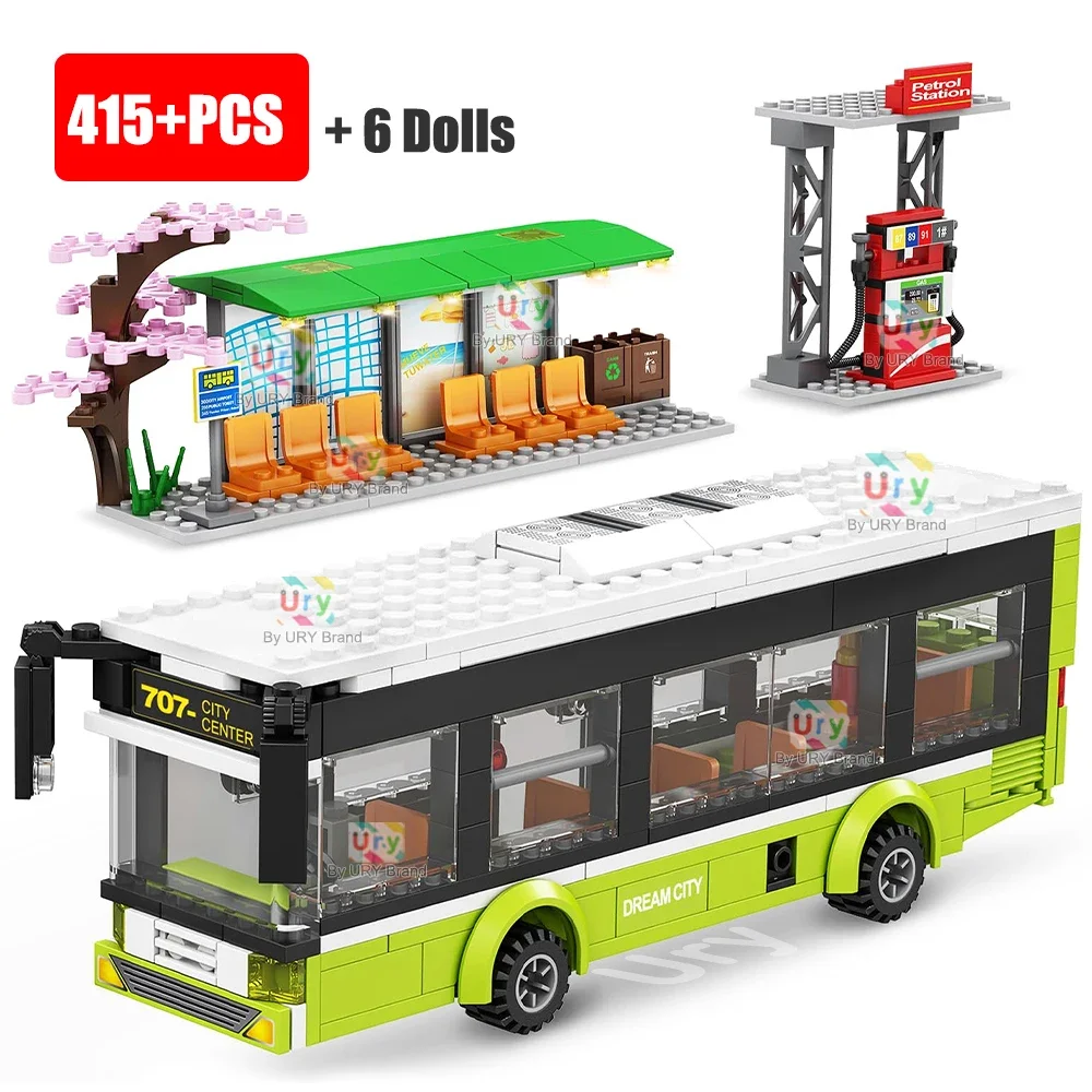 City Traffic Car Green Blue Passenger Bus Station Single-Deck Public Set figure Model Building Blocks giocattoli fai da te per i regali dei ragazzi