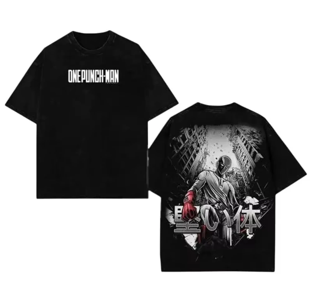 2026 Summer One Punch Man Saitama Double Sided Print T-Shirt, Vintage Washed Cotton Loose Casual Oversized Tee for Adults Y2K