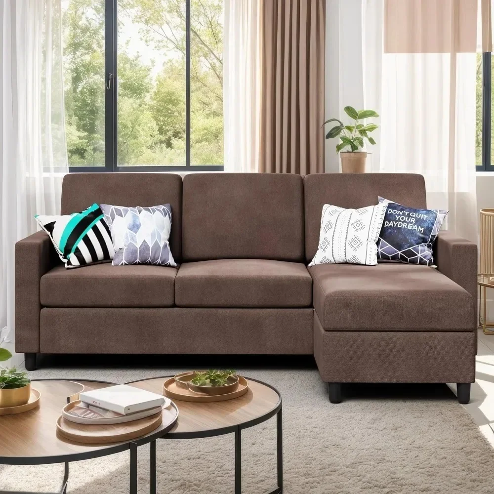 Convertible Sectional Sofa Couch, Modern Linen Fabric L-Shaped, 3-Seat Sofa Sectional with Reversible Chaise for Living Room