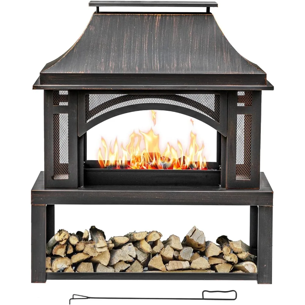 

39 Fire Pits with Wood Storage for Outside, Large Wood Burning Outdoor Fireplace with Chimney, Mesh Spark Screen & Fire Poker, I