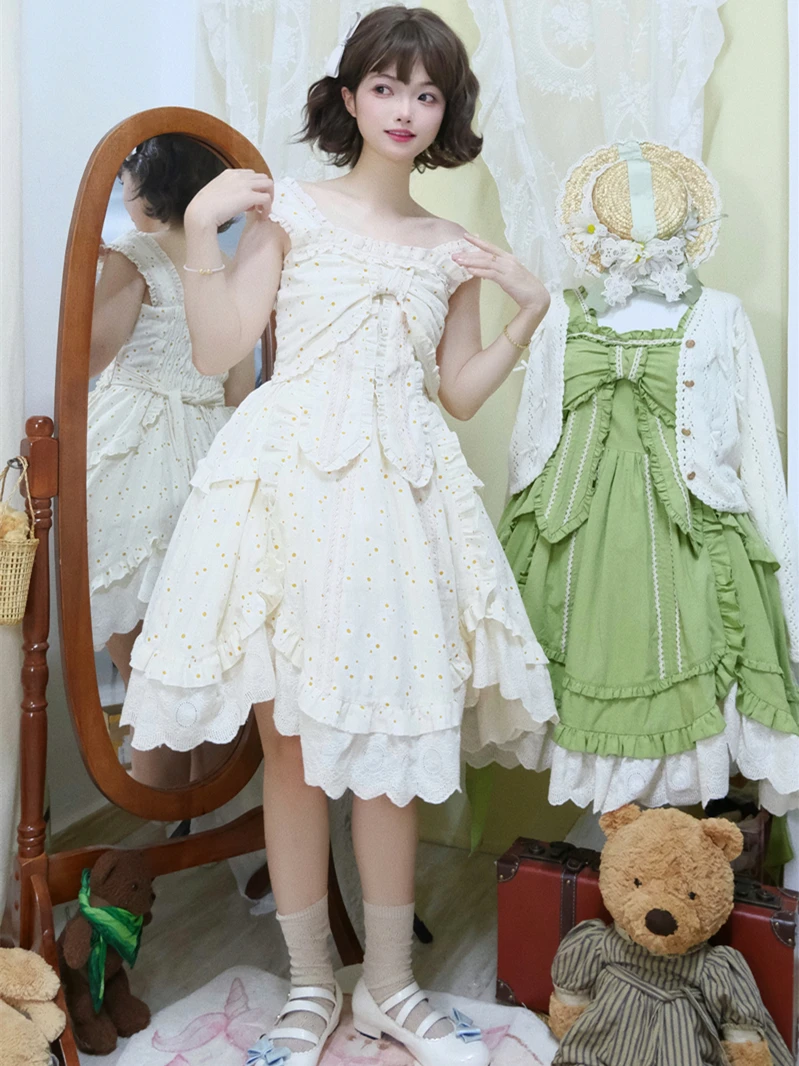 Vestido de Lolita sin mangas para niña, vestido de algodón puro con lazo, ajuste Delgado, tirantes Kawaii, dulce, fiesta de té, Jsk, nuevo, Verano