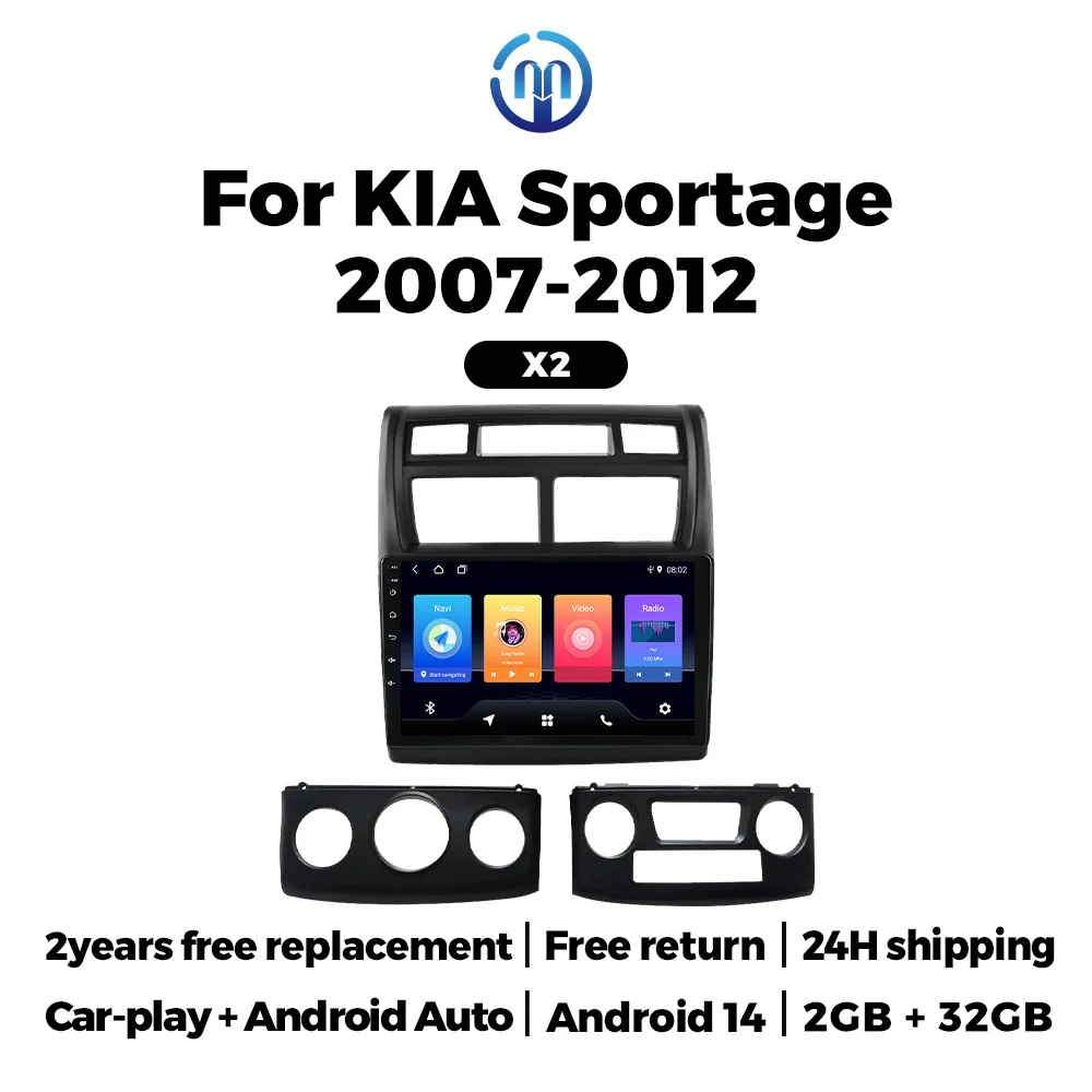 Android 14 Auto Car Radio for Kia Sportage 2 2007 2008 - 2012 Car Multimedia Player Carplay Auto 2 Din Stereo GPS RDS SWC Screen