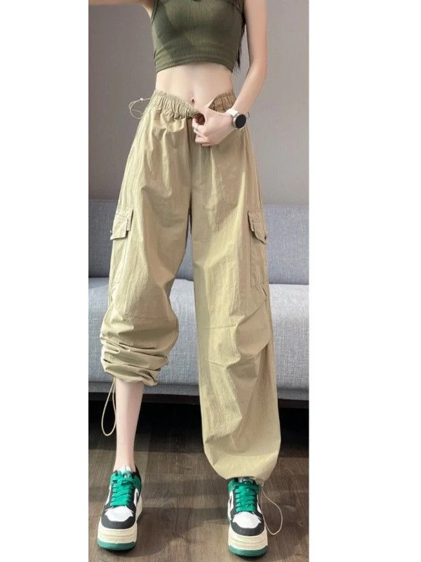 Cargo Pants Womens Navy Autumn Nylon Bootcut Flared Patchwork Streetwears Sagging American-style Distressed Washed Edgy Mopping