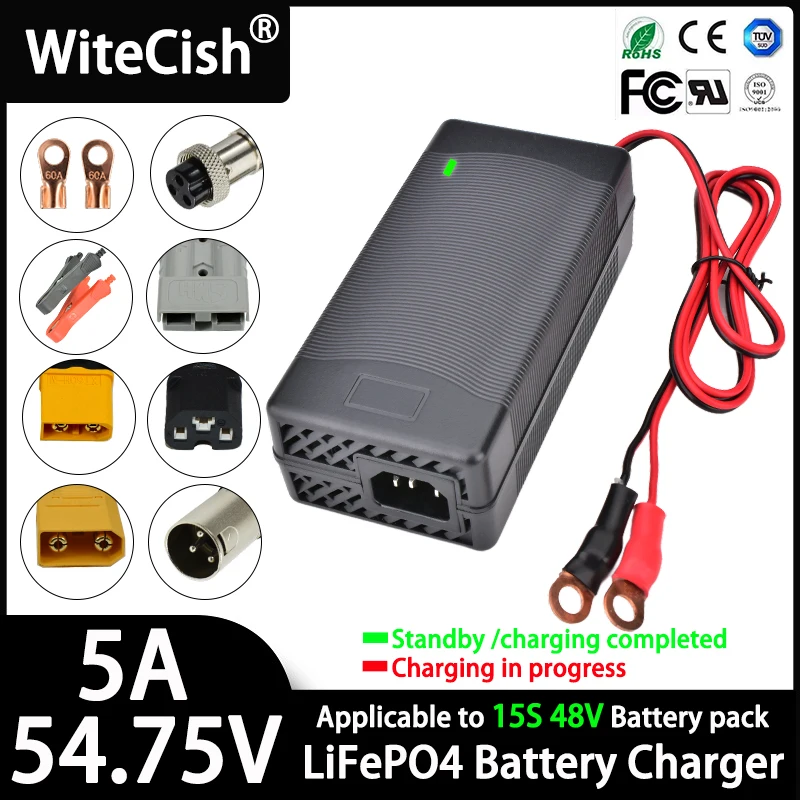 

54.75V 5A LiFePO4 Battery Charger for 48V 15S 5A Iron Phosphate Fast Battery Charger XT60 XT90 Connector With a cooling fan