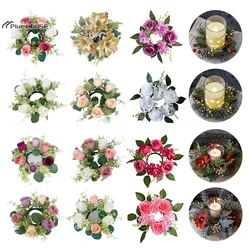 Candle Ring Candle Stick Wreath European Artificial Rose Wreath Ornaments New Year Party Decorations Table Wedding Arrangement