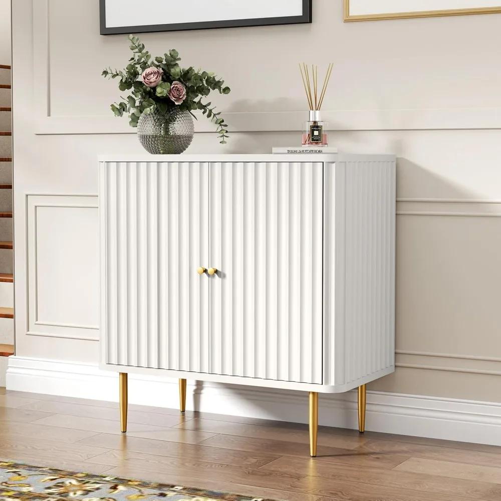 خزانة بوفيه جانبية ذات ملمس مخدد على طراز HLR، باللون الأبيض معلمة بأبواب مزدوجة، Credenza المعاصر للمطبخ وLi