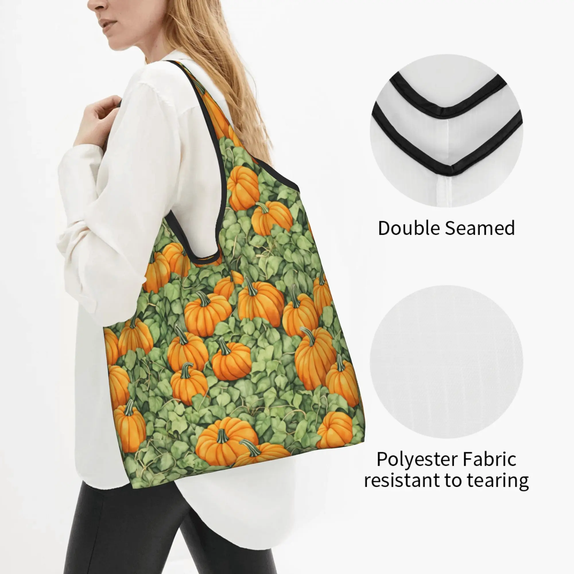 Kawaii Autumn Pumpkin Patch Shopping Tote Bags Portable  Grocery Shoulder Shopper Bag