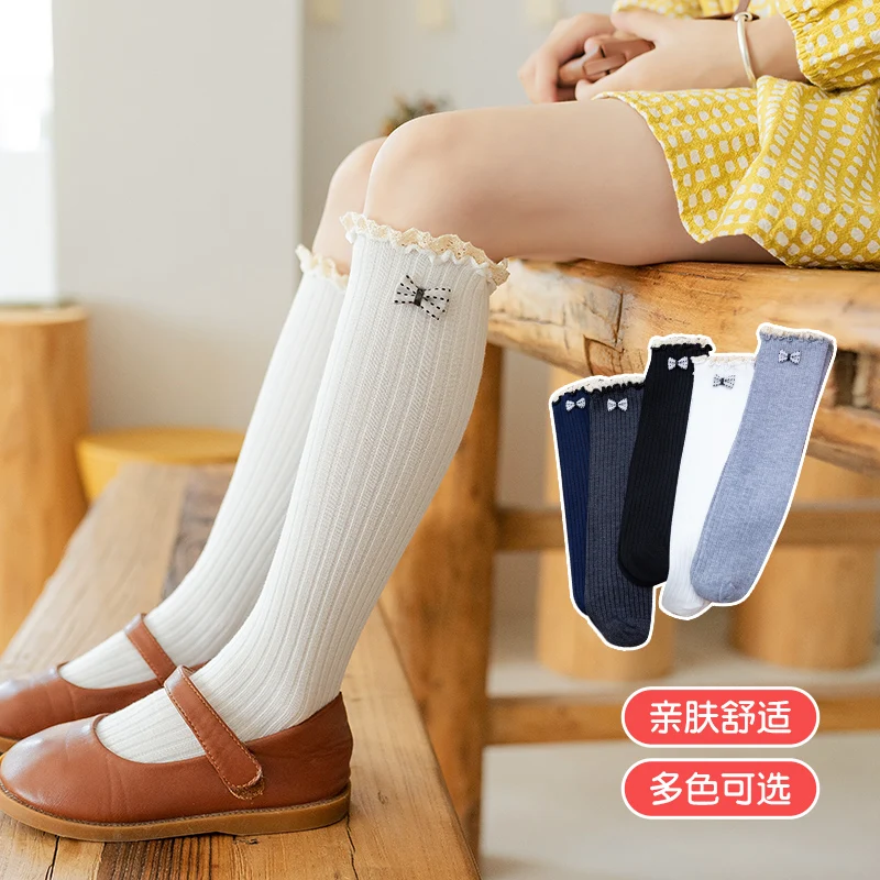 Cute Lolita KIds Girls Japanese Style Polka Dot Small Bow Decor Lace Ruffle Long Socks Soft Breathable Sweet Princess Stockings
