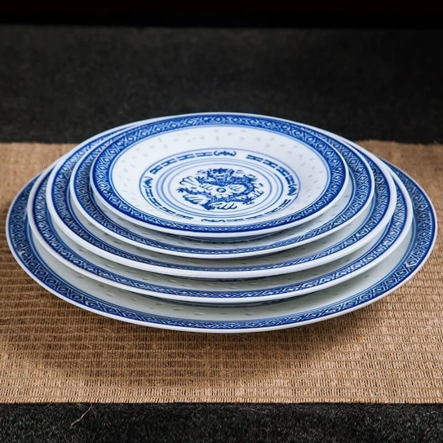 Chinese Jingdezhen Ceramic Flat Plate Round Porcelain Dinner Plates Ceramic Dragon Pattern Plate Tableware Dessert Food Tray