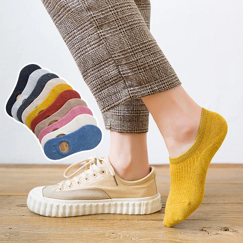 5 Pairs Women Cotton Invisible No show Socks Non-slip Summer Candy Solid Low cut Sock Slipper Fashion Thin Ankle Boat Socks