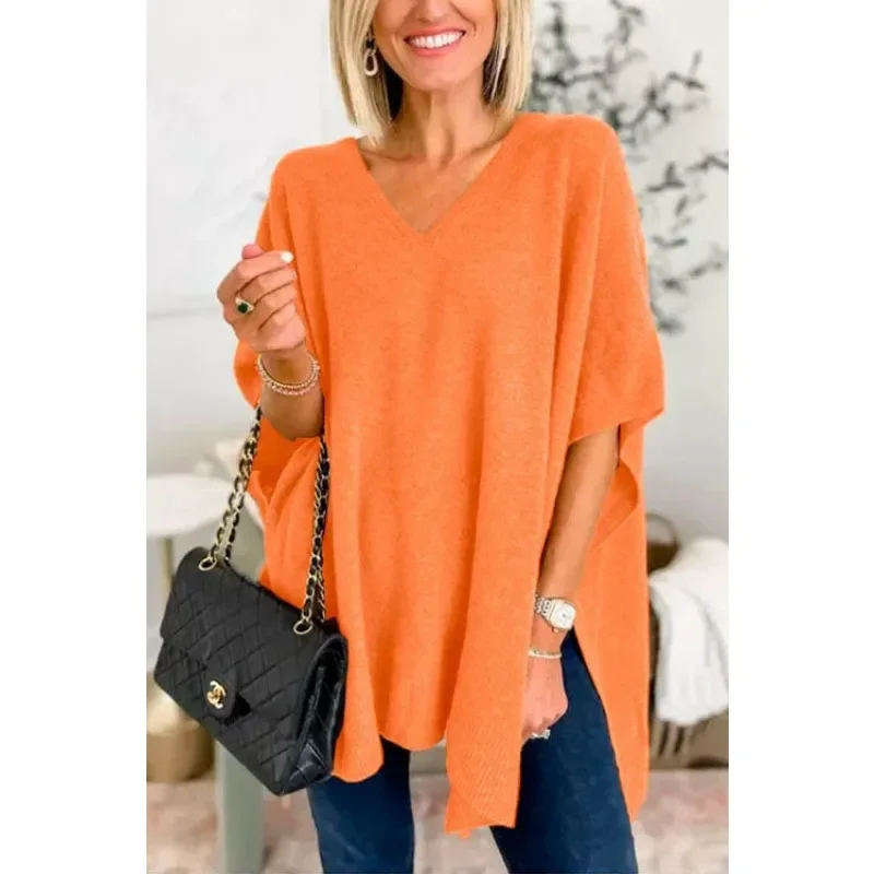 2024 Spring Summer New Women\'s Clothing Batwing Sleeve Solid Color V-neck Pullover Loose Sweater Fashion Sweater Cloak