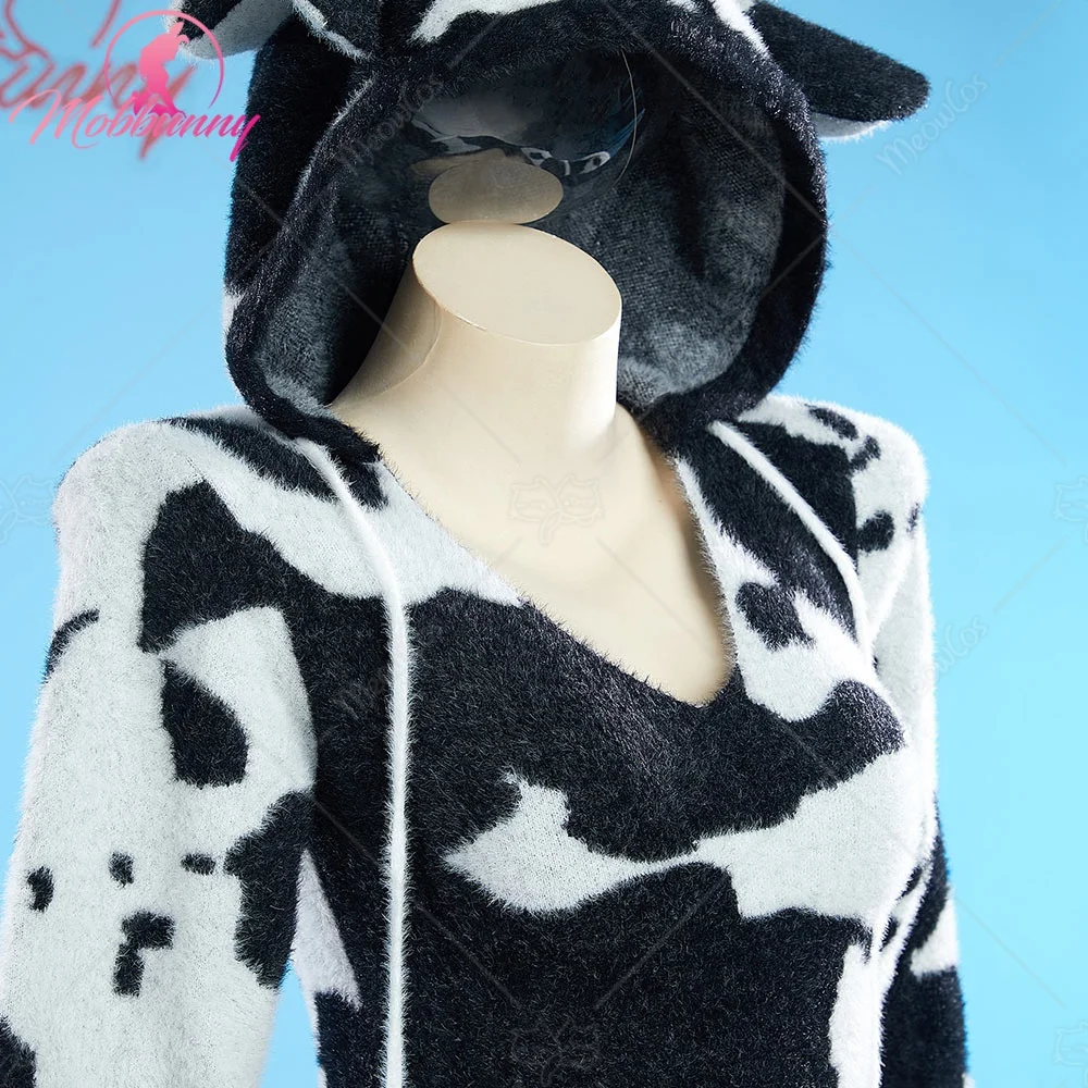 US Stock Mobbunny Women Sexy Lingerie Fluffy Homewear Bodycon Romper Black and White Cow Pattern Hooded Bodysuit view 5