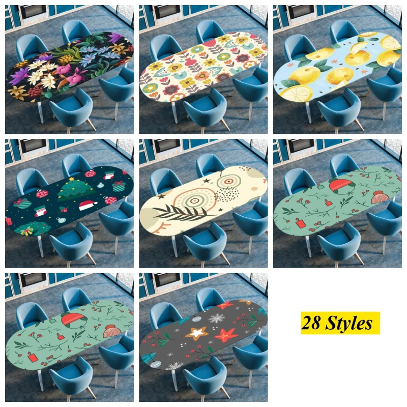 Oval Elastic Coffee Table Cover Flower Printed Rustic Table Cloth Waterproof Oil-proof Dinner Tablecloth 122cmx173cm