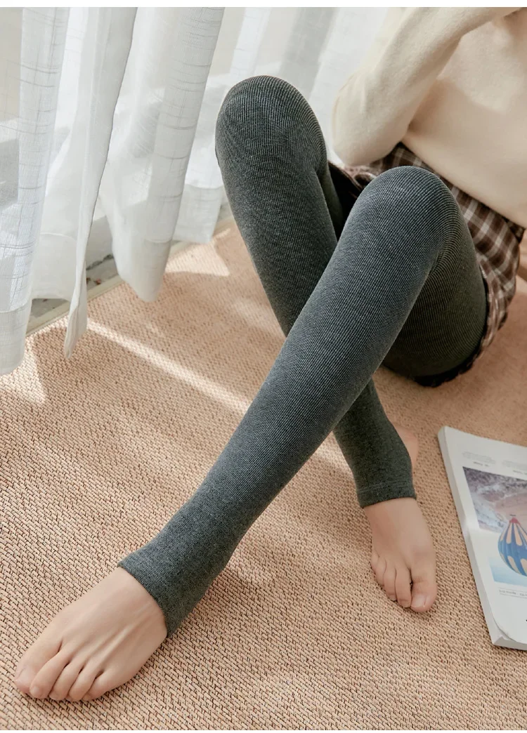Gerippte Thermo-Leggings mit vertikalen Streifen für Damen im Herbst und Winter, Fleece, verdickt, Street Ready, nahtlos, hohe Taille, Thermohose – Detail 18