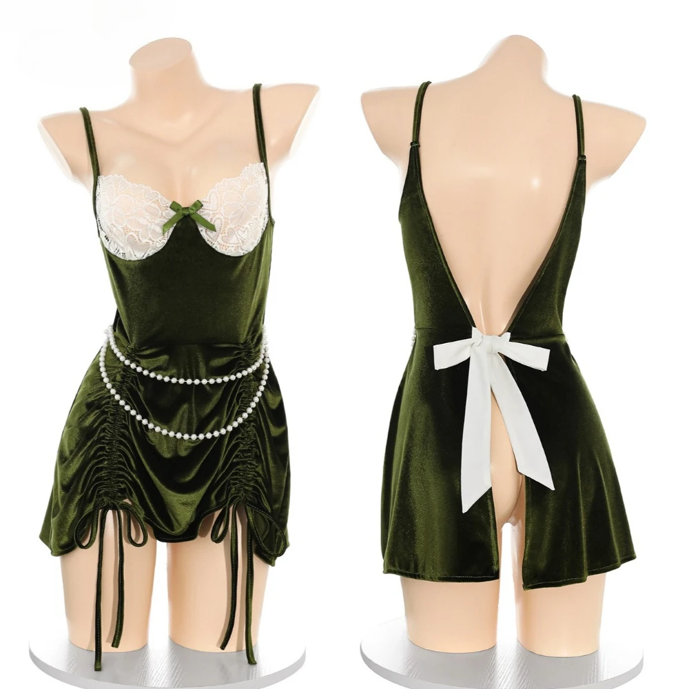 Weihnachten Ölgemälde Tiefer V Samt Nachthemd Spitze Sexy Perle Durchsichtige Unterwäsche Weihnachten Neujahr Rollenspiel Outfits Dessous