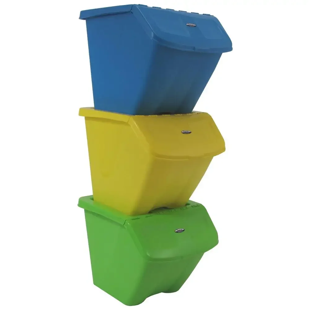 Stackable Recycling Bins 30 Gallon 3PC Set Durable BPA Free Plastic Blue Yellow Green Hands-Free Front Access Pantry Garage Pet