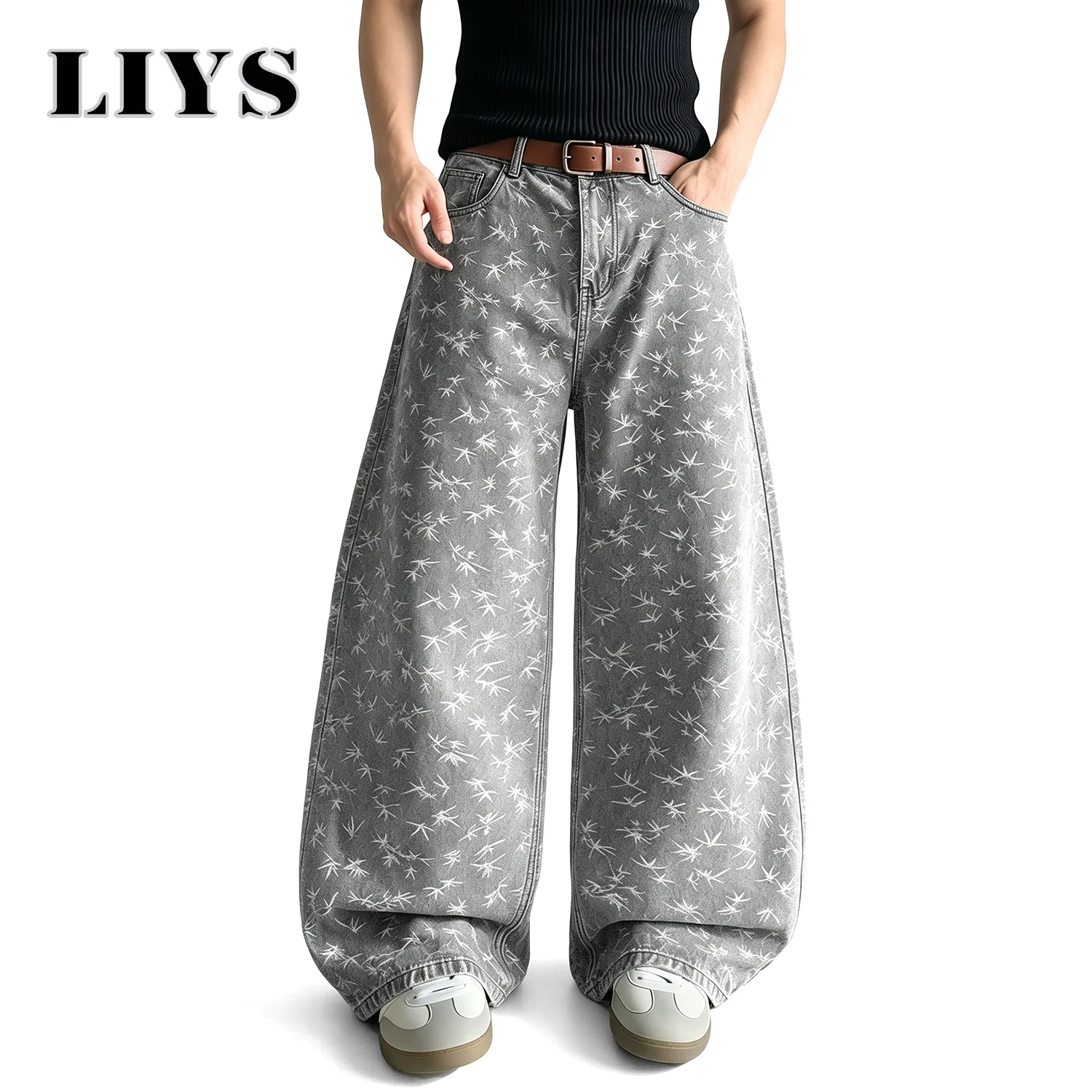 LIYS Men's Jacquard Oversized Grey Faded Baggy Wide Leg Jeans White Bamboo All Over Print Loose Denim Pants Daily Casual Wear