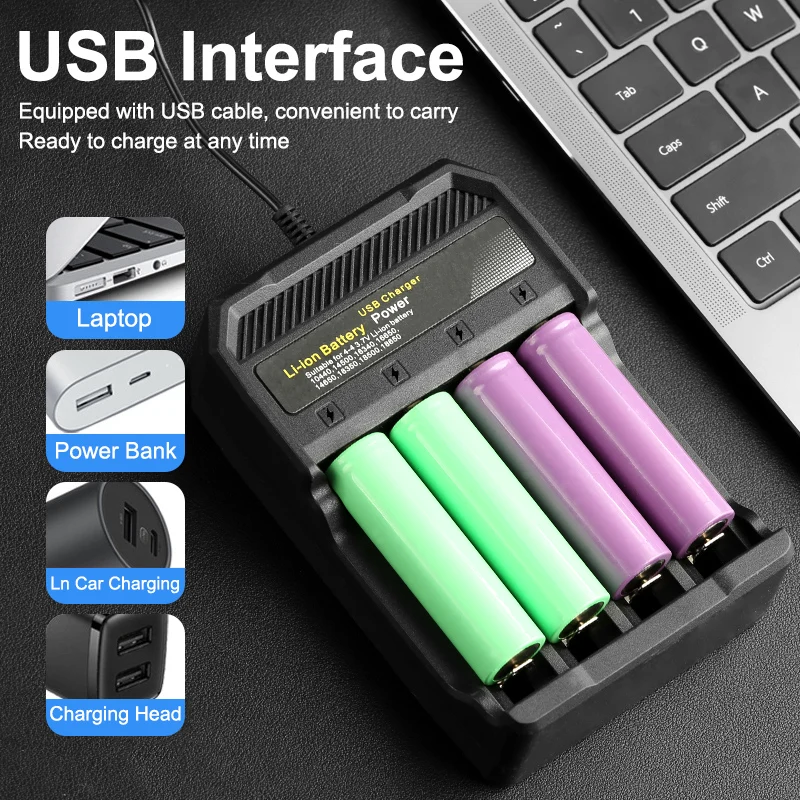 18650 Battery Charger 4 Slots Smart Universal Charger Fast Charger USB Input for Rechargeable Battery For 18650 Lithium Battery