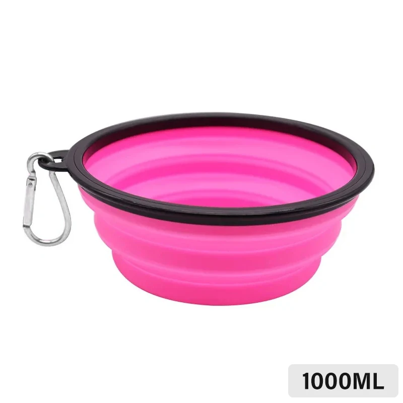 1pc Pink Collapsible Dog 1000ml Folding Silicone Bowl Pet Outdoor Travel Portable Puppy Food Container Feeder With Carabiner