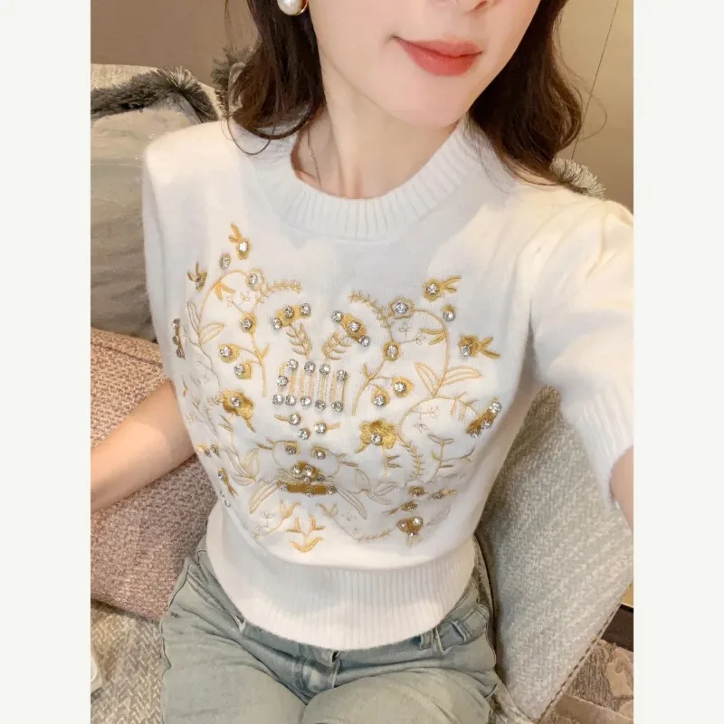 

Sweet Harajuku Knit T-shirt Women Short Sleeve Tops Summer Print Knitwear Soft Sweater Crop Tops Design Tees Trendy Pullover New