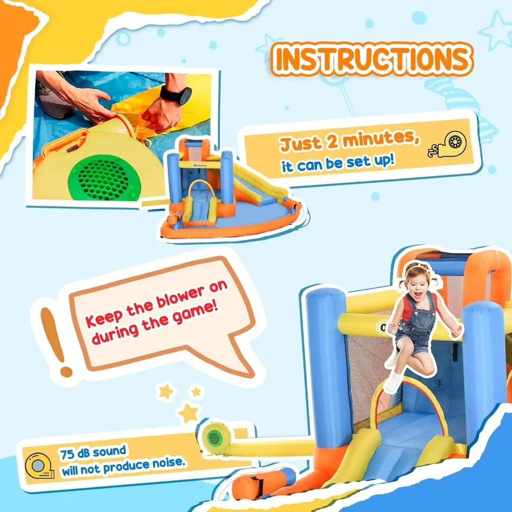 Opblaasbare kinderwaterparkglijbaan met spatzwembad, klimmen, luchtpomp, waterkanon, trampoline, 5-in-1 springkasteel voor buiten