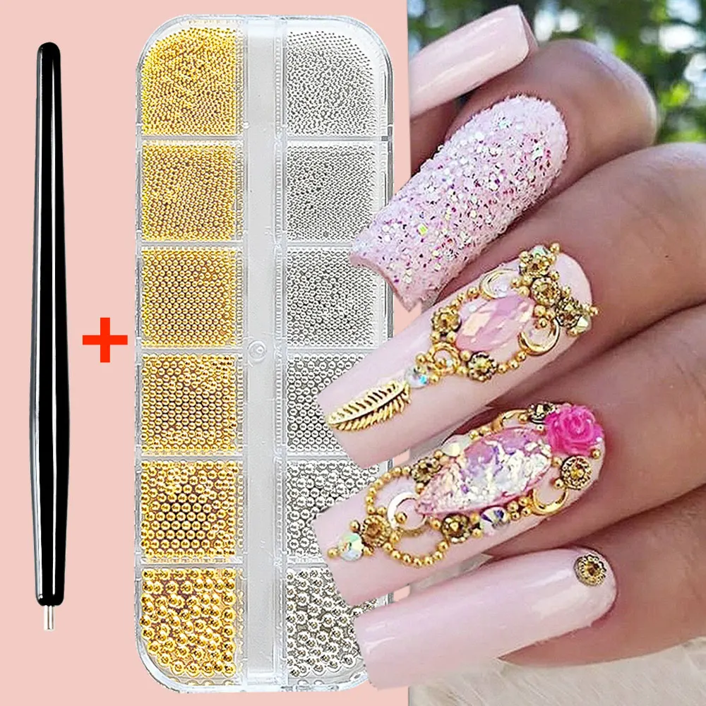 12Grids Gold Silver Beads Metal Charm + 1pcs Magnet Pen 3D Mini Caviar Beads Crystal  Nail Decoration Gel Polish Nail Tools &PH3