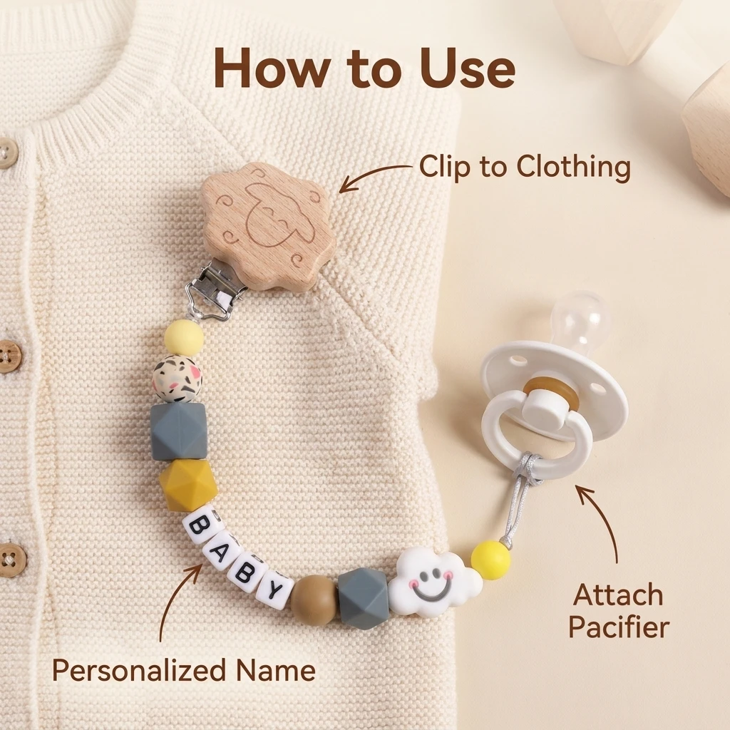 Custom Baby Name Dummy Chain Cute Cloud Silicone Teething Toy Wooden Sheep Clip BPA Free Newborn Chew Safe Gift - view 6