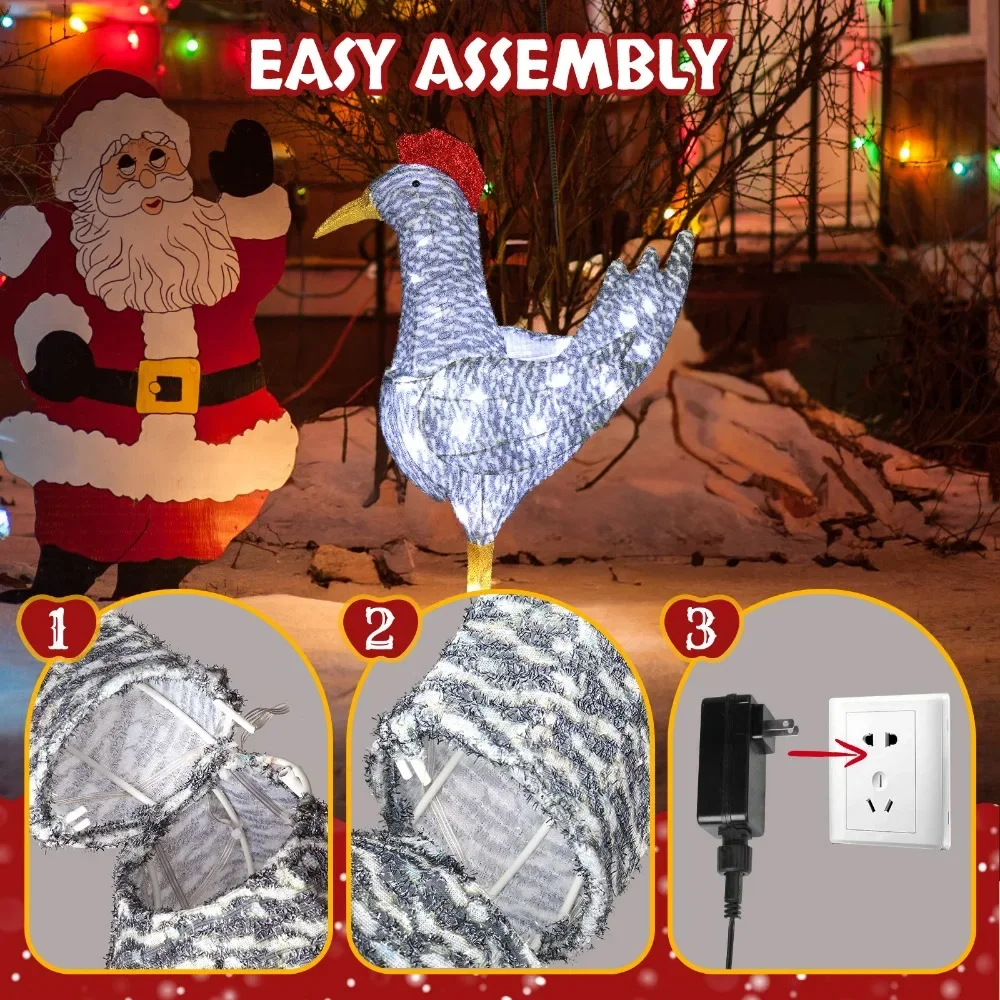 2FT Lighted Christmas Rooster Outdoor Decoration, Weather Proof Plush Rooster Christmas Ornament Home Decor Pre-lit 50 LED